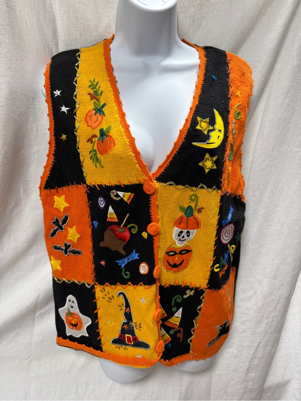 Vintage Holiday Editions Halloween Pumpkin Ghost Witch Embroidered Knit Vest L